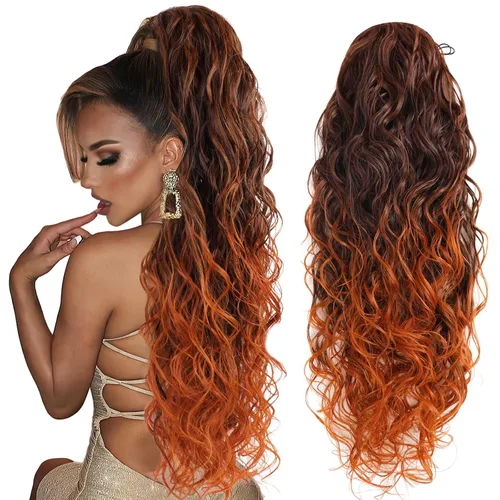 Miniatura 8 de Extensiones de cabello ombré 1B/27, cola de caballo para mujeres negras, extensiones de cola de caballo largas onduladas con cordón, extensiones