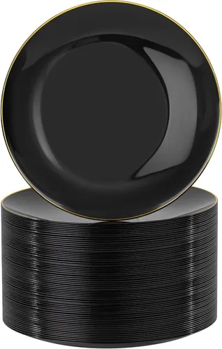 Nervure - Juego de 100 platos de plástico desechables negros de 7.5 pulgadas, platos de postre negros desechables, platos de plástico dorado