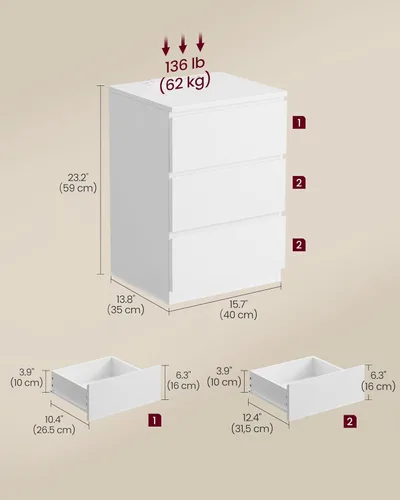 Miniatura 3 de VASAGLE Mesita de noche con estación de carga, 2 salidas de CA y 2 puertos USB, mesita de noche, mesa auxiliar con 3 cajones, estilo moderno, 13.8 x