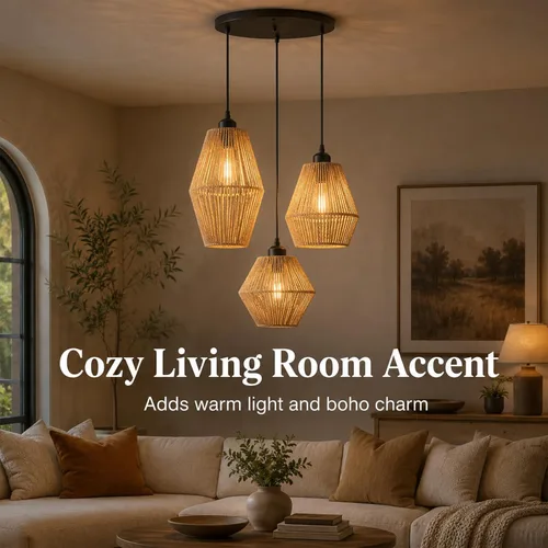 Miniatura 4 de Lámpara colgante de ratán de 3 luces, candelabro bohemio tejido a mano, lámpara colgante de mimbre, lámpara de cocina y comedor sobre mesa, luz