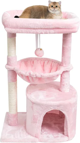 Miniatura 10 de SYANDLVY Árbol pequeño para gatos de interior, condominio para gatitos con poste rascador y tabla, torre de actividades moderna con cuna, beige