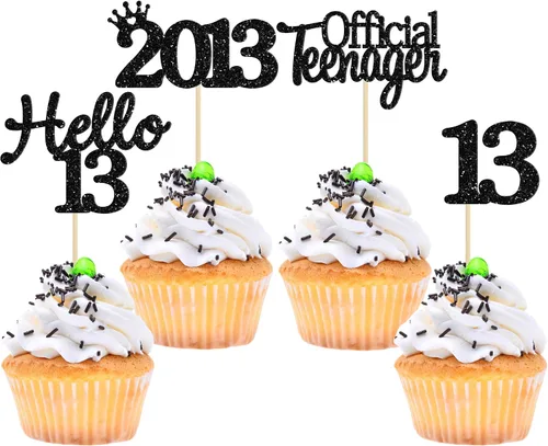 Miniatura 67 de Gyufise Paquete de 24 adornos negros para cupcakes de 10.º cumpleaños con purpurina negra 10 Ten Hello 10 Dights dobles desde 2015 para decoraciones