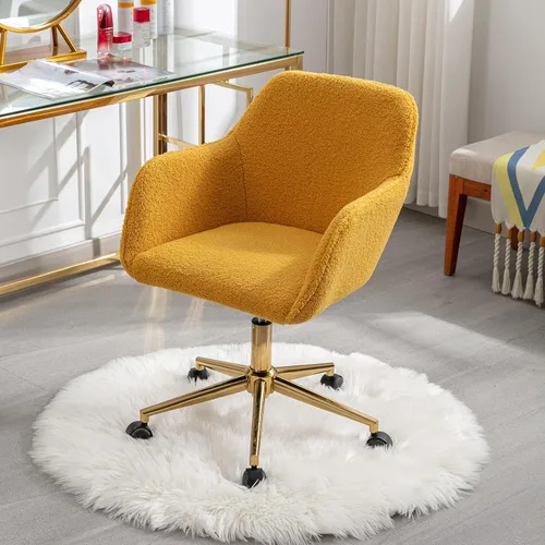 Miniatura 20 de Silla de escritorio giratoria peluda, silla de oficina tapizada de tela de peluche blanca, silla de tocador con ruedas ajustable en altura