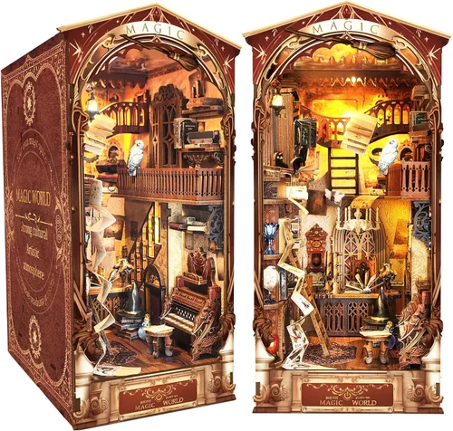 Kit de rincón de libros de bricolaje, diorama de sujetalibros con LED, rompecabezas de madera 3D, kits de casa en miniatura para bricolaje,