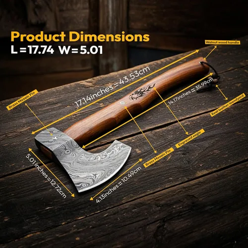 Dessi Hacha vikinga mano forjado a mano de acero de Damasco Hacha Tomahawk Funda de cuero de nogal Mango de madera de nogal grabado Tigre Bushcraft