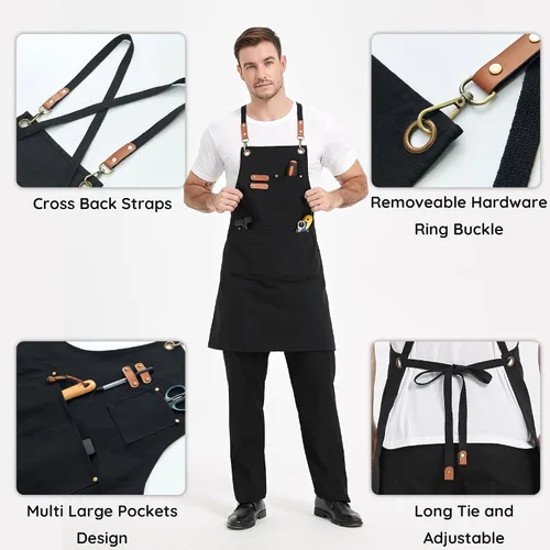 Miniatura 4 de Delantales de lona, delantales de chef de cocina, delantales de trabajo para hombres y mujeres, delantales con correa ajustable con 3 bolsillos