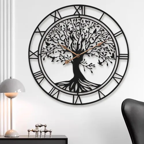 Miniatura 7 de Dankeit Reloj de pared con diseño de árbol de la vida, reloj de pared de metal negro de 24 pulgadas con árbol familiar de gran tamaño para sala