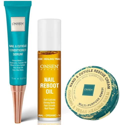 Onsen - Kit de rescate de uñas y cutículas, suero acondicionador, aceite reparador y bálsamo para cutículas, tsubaki, manteca de karité, jojoba -