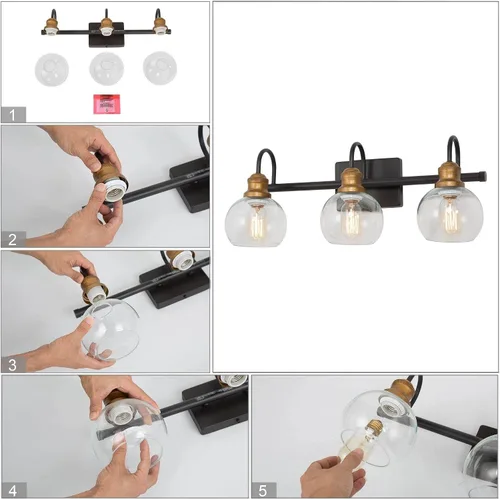 Miniatura 6 de KSANA Luminaria de Baño Estilo Granja, Lámpara de Tocador Moderna Negro Dorado de 3 Luces con Pantalla de Vidrio Transparente Abierta, Lámpara