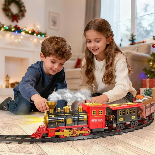 Miniatura 2 de Juego de tren para niños de 3-5 4-7, juego de juguetes clásicos de tren eléctrico con motor de locomotora, luces y sonido con vapor, rieles