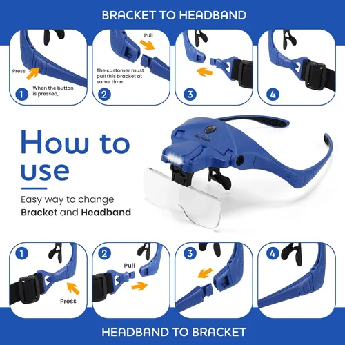 Miniatura 5 de YOCTOSUN - Gafas de aumento con 4 luces LED, 5 lentes, estuche de almacenamiento para la cabeza, lupa iluminada manos libres para manualidades, Azul