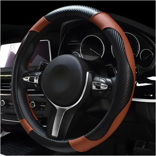 Miniatura 11 de DXNQ Funda para volante de automóvil, 15 pulgadas de fibra de carbono con costuras de piel, protector de volante de color, antideslizante, elástica