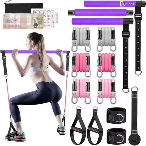 Miniatura 16 de Kit de barra de pilates Bbtops con bandas de resistencia, barra de pilates con bandas apilables, equipo de entrenamiento para piernas, cadera, Negro