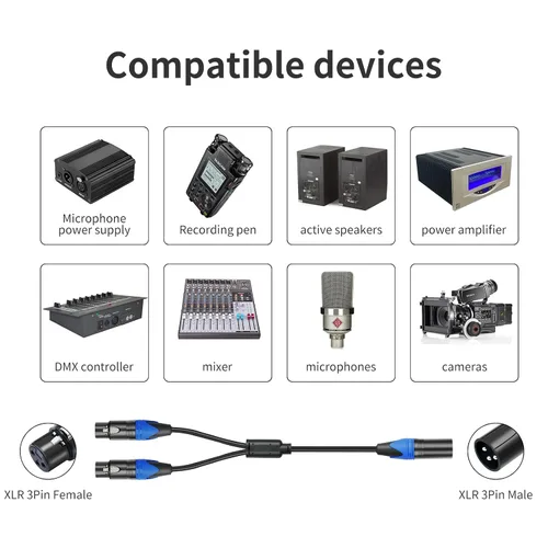 Miniatura 2 de Cable de micrófono divisor en Y XLR macho a 2 hembras, 3 pines XLR hembra a doble XLR macho Y-Splitter Cables de audio de micrófono equilibrado