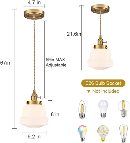 Miniatura 4 de Lámpara colgante de vidrio de leche industrial de 6 pulgadas, lámpara colgante de latón vintage ajustable, iluminación colgante retro de mediados