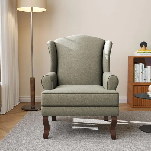 Miniatura 15 de Silla decorativa de respaldo alto, sillón tapizado en tela con patas de madera maciza, sillón retro, cómodo sofá individual, asiento de lectura