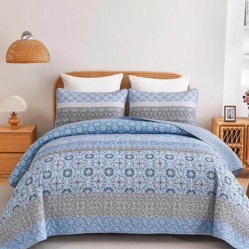 Miniatura 2 de WONGS BEDDING Juego de edredón bohemio tamaño Queen, juego de colcha de retazos a rayas bohemias aguamarina con 2 fundas de almohada, juego de ropa