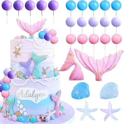 JeVenis Decoración de pastel de sirenita rosa púrpura bajo el mar, decoración de tarta de cola de sirena de conchas marinas, suministros de fiesta