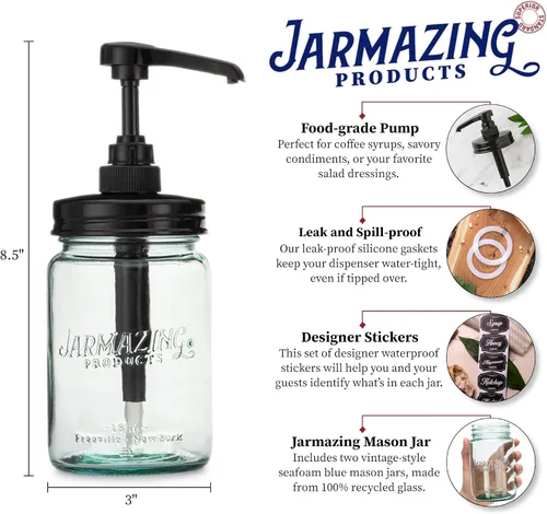Miniatura 2 de Jarmazing Products - Dosificador de jarabe y condimentos vintage en frasco de vidrio azul Mason – Paquete de dos