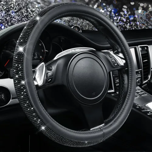 Miniatura 12 de CAR PASS - Funda de volante con diamantes brillantes de imitación y patrón de leopardo, con cristales de imitación brillantes para mujer