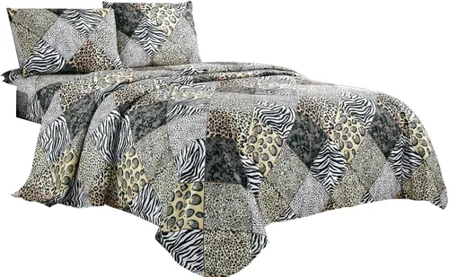 Miniatura 2 de WPM - Juego de sábanas bajeras de 3 piezas con estampado animal, diseño de cebra, jirafa, selva, bosque y leopardo, negro, blanco, gris, con funda