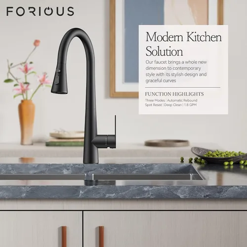 Miniatura 2 de FORIOUS Grifo de cocina negro alto con rociador extraíble, grifo clásico de acero inoxidable de arco alto para fregadero de cocina, mango único, 3