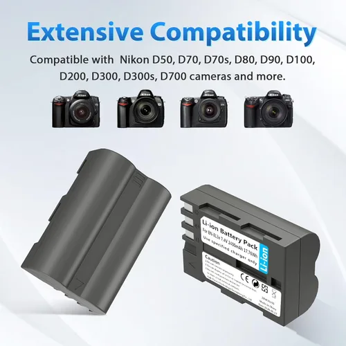 Miniatura 4 de LP EN-EL3e, EL3, EL3a Batería de 2600 mAh Compatible con Nikon D700, D300s, D300, D200, D100, D90, D80, D70S, D70, D50, MH-18, MH18a, MH-19, Una