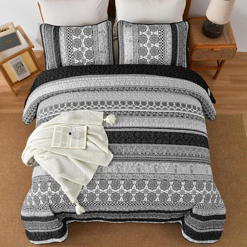 Miniatura 3 de WONGS BEDDING Juego de Edredón Boho Tamaño Full, Juego de Edredones Bohemios Grises de 3 Piezas, Juego de Ropa de Cama Cubrecama de Microfibra
