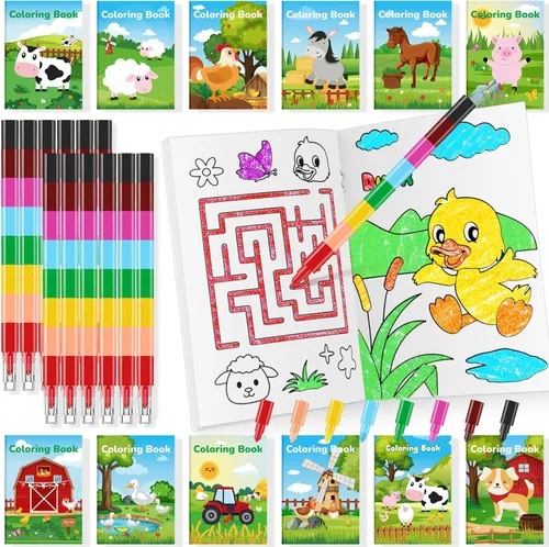 BenLouis 24 mini libros para colorear de animales de granja para niños con 24 crayones apilables, regalos de fiesta de granero, libros de