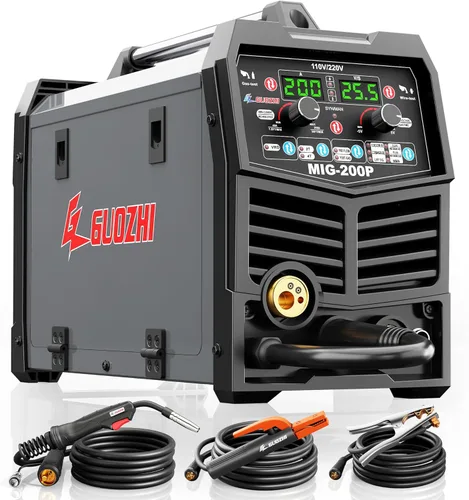 GZ GUOZHI Soldadora MIG de 200A, 7 en 1 Gas MIG/MAG/MIG sin Gas con Núcleo Fundente/TIG por Elevación/Electrodo/Soldadura por Puntos/Pistola de