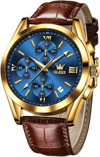 Miniatura 26 de OLEVS - Relojes para hombre, de cuero marrón, caja dorada, analógico, de cuarzo, de moda, para negocios, reloj de vestir, con fecha, luminoso