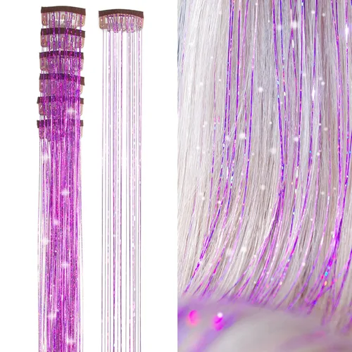 Miniatura 10 de Extensiones de oropel con clip para el cabello, reflejos castaños, 20.5 pulgadas, 6 piezas por paquete, extensiones de cabello sintético multicolor
