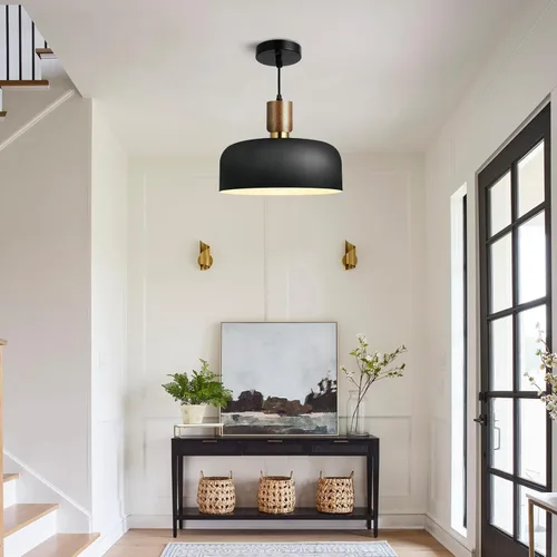 Miniatura 7 de Lámpara colgante negra moderna de 11.6 pulgadas, lámpara colgante grande para isla de cocina, madera maciza con pantalla martillada, lámpara