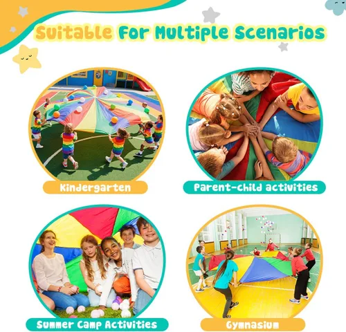 Miniatura 7 de Paracaídas arcoíris para niños, juguete de paracaídas con asas, juego de paracaídas para niños, cooperación en grupo y actividades al aire libre