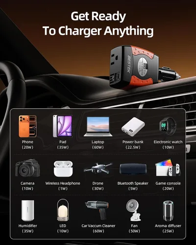 Miniatura 5 de BESTEK Inversor de corriente de 150 W, convertidor de voltaje de 12 V a 110 V, cargador de coche, adaptador de corriente con puertos de carga USB