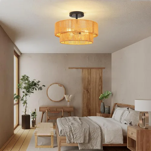 Miniatura 8 de ZECOXOL Lámpara de Techo de Ratán Moderna Bohemia Chandelier de Montaje Empotrado Luz de Techo de 3 Luces 12.99", Lámparas de Luz de Mimbre Tejido