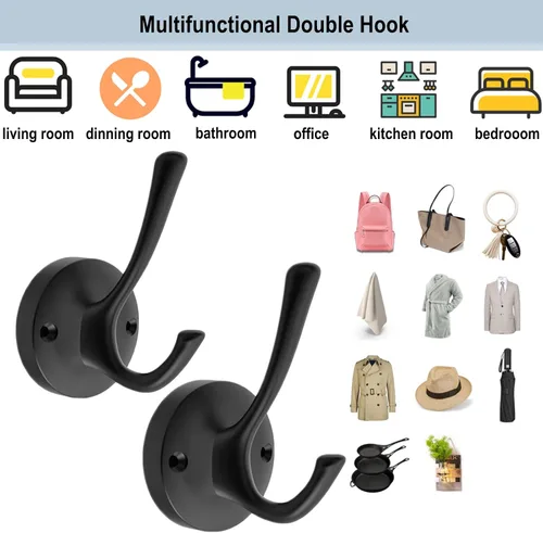 Miniatura 4 de TOFIIGREM Ganchos negros para toallas, paquete de 2 ganchos de metal resistente para bata de baño, gancho doble montado en la pared, ganchos