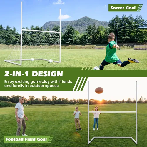 Miniatura 2 de GYMAX Red de fútbol 2 en 1 y poste de portería de fútbol, 65 x 43 pulgadas, blanco, juego de portería de fútbol para niños con estacas de tierra