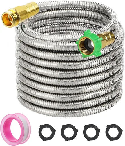 Miniatura 7 de Manguera de jardín corta con conector macho a hembra, manguera líder de metal a prueba de fugas de 2 pies para carrete, tubo de agua flexible