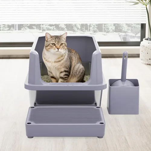 Miniatura 7 de RIZZARI Pequeña caja de arena para gatos de acero inoxidable con alfombrilla de control de seguimiento, bandeja de arena abierta y fácil de limpiar