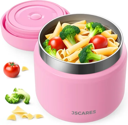 JSCARES Frascos de Comida Aislados para Niños de 12oz para Comida Caliente, Frasco Térmico de Comida de Sopa de Boca Ancha Contenedor Térmico de Rosa