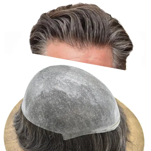 Miniatura 28 de Tupé de piel ultra fina para hombres pieza de cabello humano real sistema de reemplazo 0.002 in Mens Toupee Hairpiece para hombres V-Loop 8x10 80%