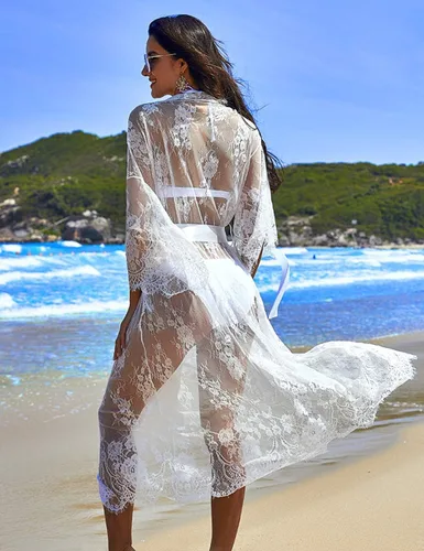 Miniatura 3 de Bata Avidlove tipo kimono, de encaje, camisón largo de lencería sexy, babydoll transparente para mujer