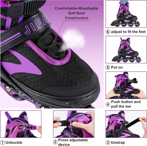 Miniatura 3 de Adjustable Inline Skates for Kids Ages 4–12, Light Up Wheels, Beginner Roller Skates for Boys & Girls, Outdoor & Indoor Skating Gift Negro púrpura