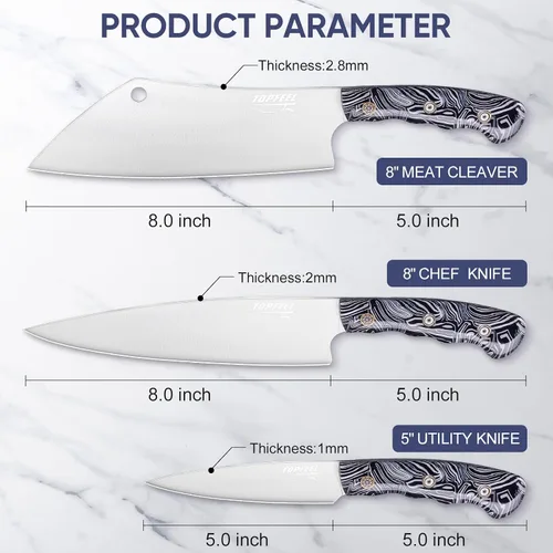 Miniatura 6 de Topfeel Juego de 3 cuchillos de chef profesional, cuchillos de cocina japoneses ultra afilados, acero inoxidable alemán de alto carbono de 8
