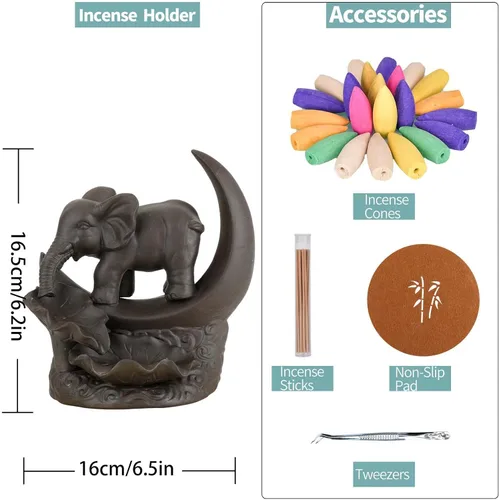 Miniatura 3 de YYW Quemador de incienso con reflujo de elefante, quemador de conos de incienso en cascada con 20 conos de incienso, 30 varillas de incienso, 1