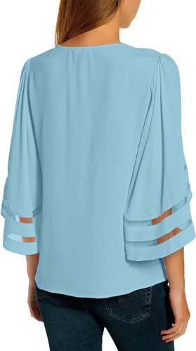 Miniatura 2 de LookbookStore - Blusa para mujer con paneles de malla cuello en V manga acampanada de 34 y corte holgado