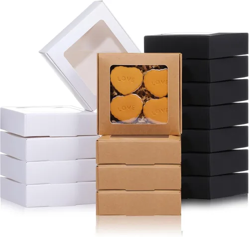 Miniatura 20 de Zonon 30 cajas de papel kraft con ventana de 4.13 x 4.13 x 1.18 pulgadas, embalaje de dulces, cajas de regalo pequeñas, soporte para jabón, mini