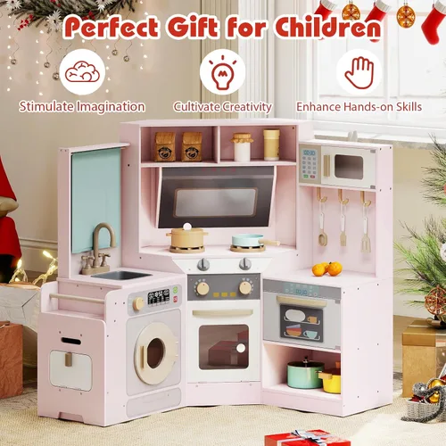 Miniatura 9 de Costzon Cocina de Juego de Esquina, Cocina Grande de Juego de Simulación con Luz y Sonido Reales, Bote de Basura Extraíble, Estufas, Microondas