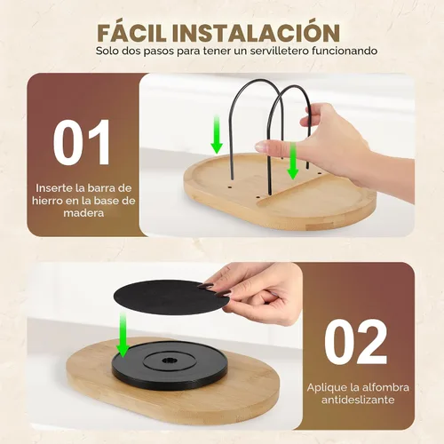 Miniatura 3 de Servilletero para mesa, dispensador giratorio con salero y pimentero, soporte de bambú, almacenamiento rústico de servilletas de metal para mesa